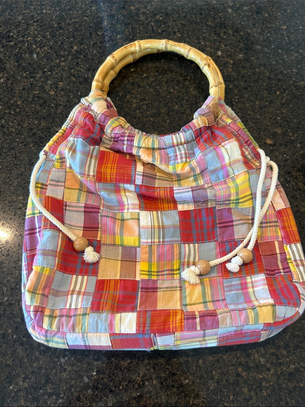 J. Crew Multicolor Patchwork Tote with Bamboo Handles